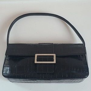 Fossil Vintage Black Croc Embossed Leather Baguette Shoulder Bag Silver …